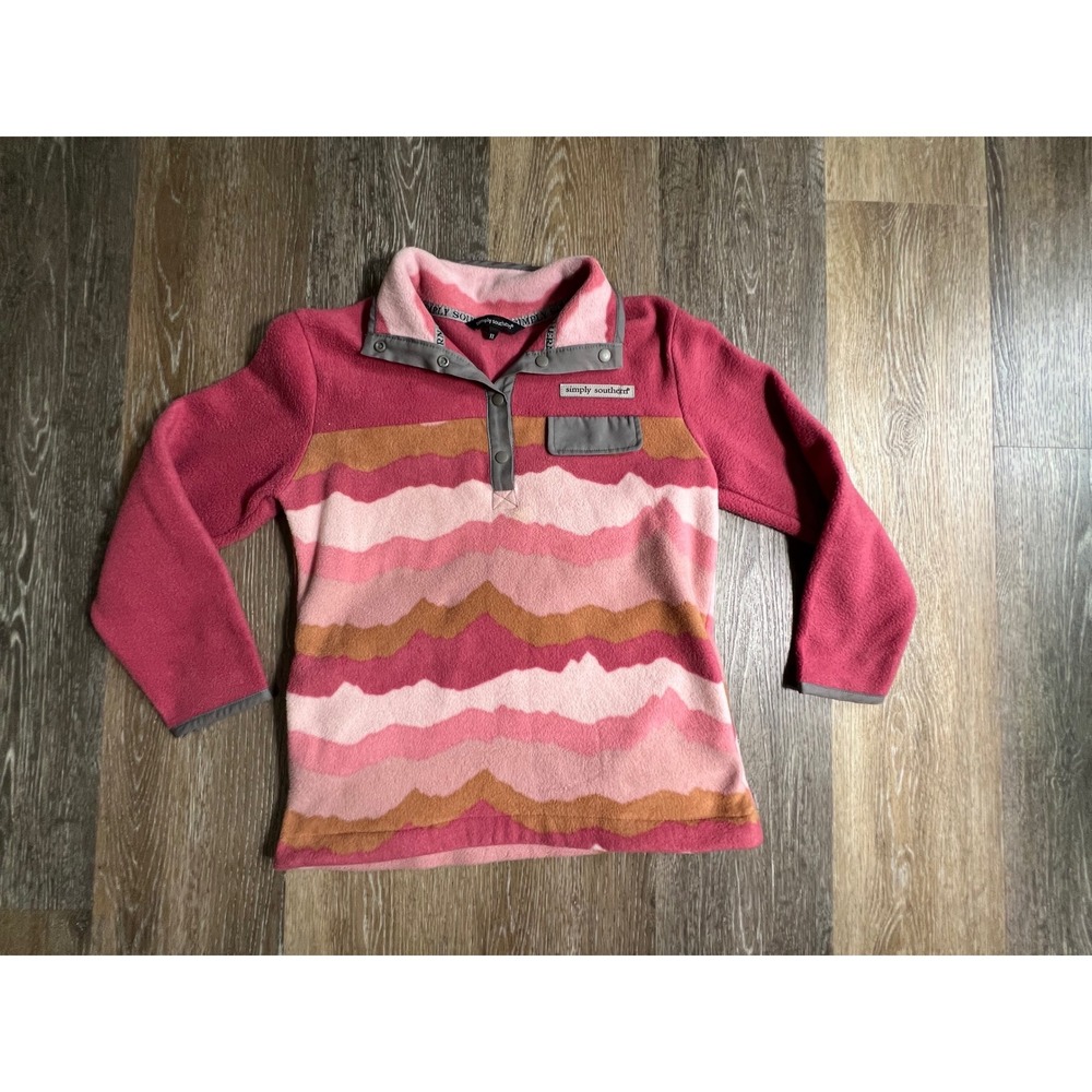 Simply Southern Fleece Pullover Girls YL Pink Mountain Wave‎ Snap Mock Neck